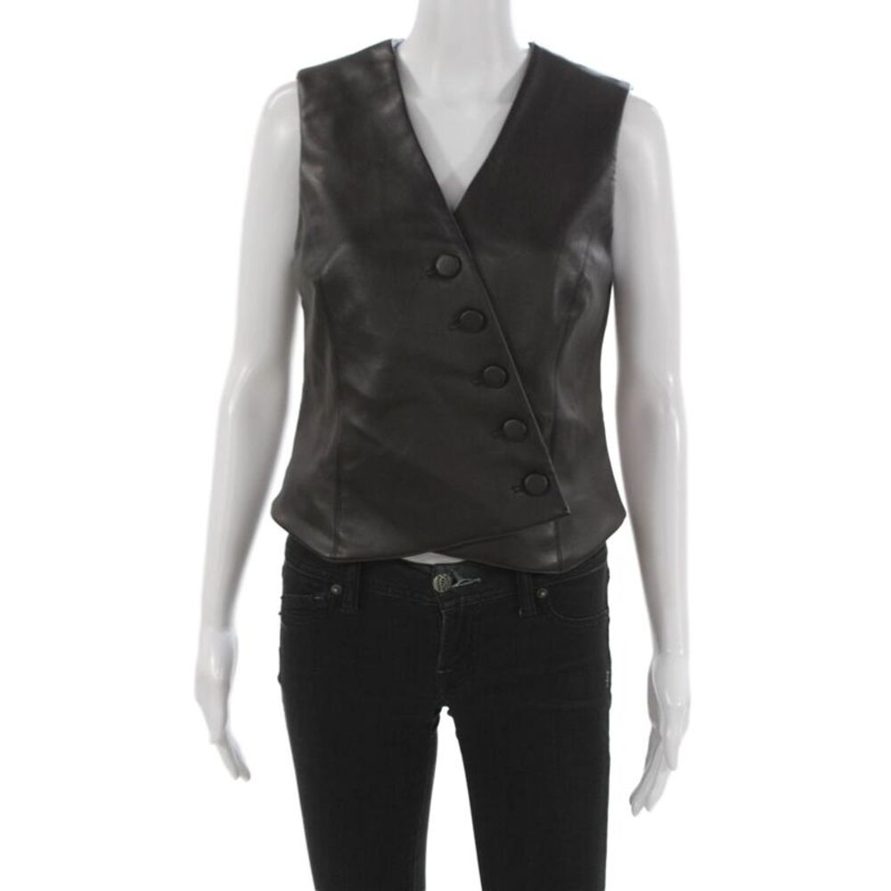 Drew Womens Sleeveless V Neck Blouse Vest Black Polyurethane Button Size S